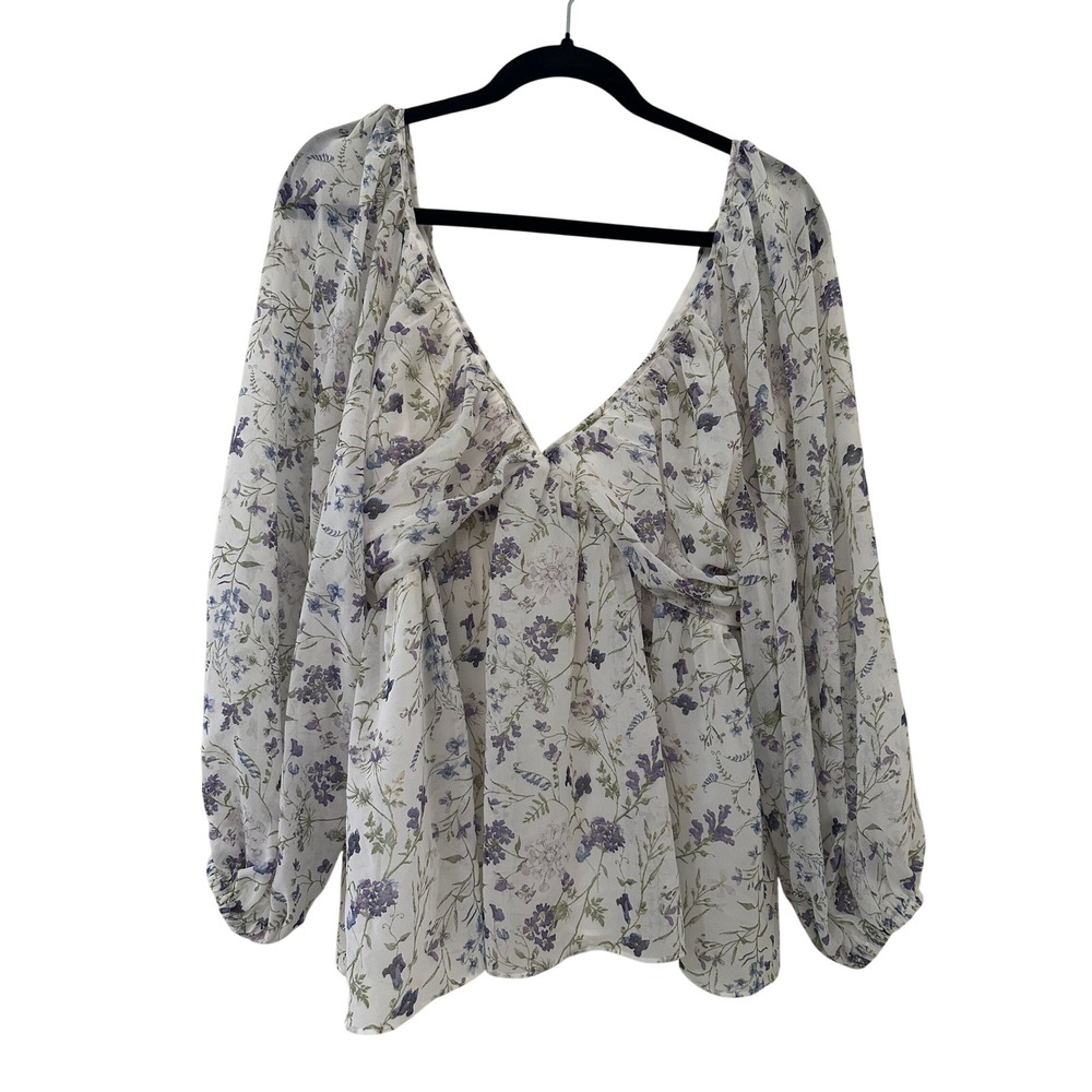 Express Floral Long Sleeve V-Neck Blouse Purple Size M Babydoll Cottagecore